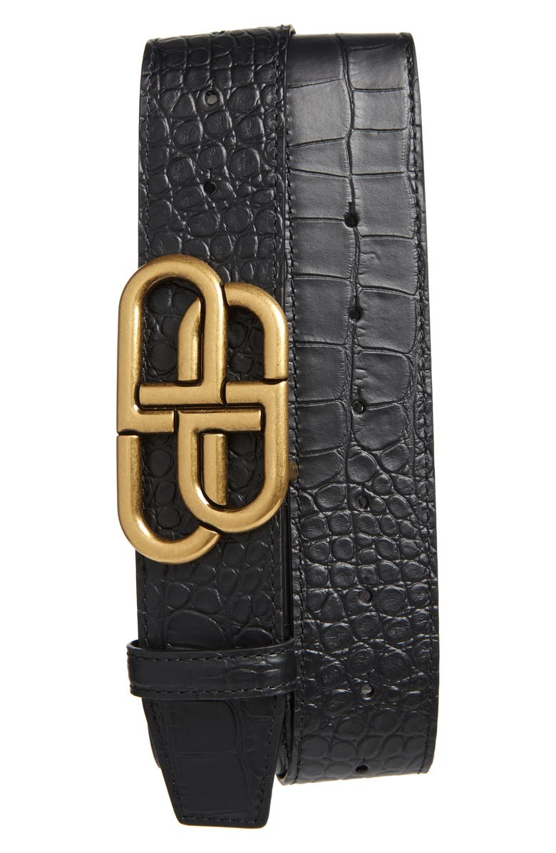 Balenciaga BB Extra Large Croc Embossed Leather Belt, Main, color, 