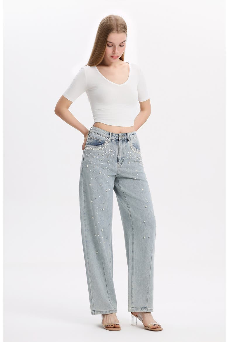 Embellished High Waist Barrel Jeans, Alternate, color, GLACIER