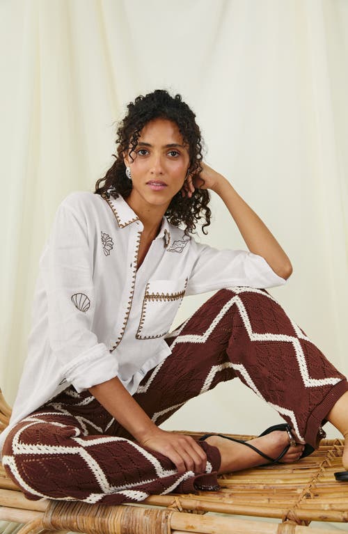 Rails Saya Embroidered Detail Linen Blend Button-up Shirt In White Marine Embroid