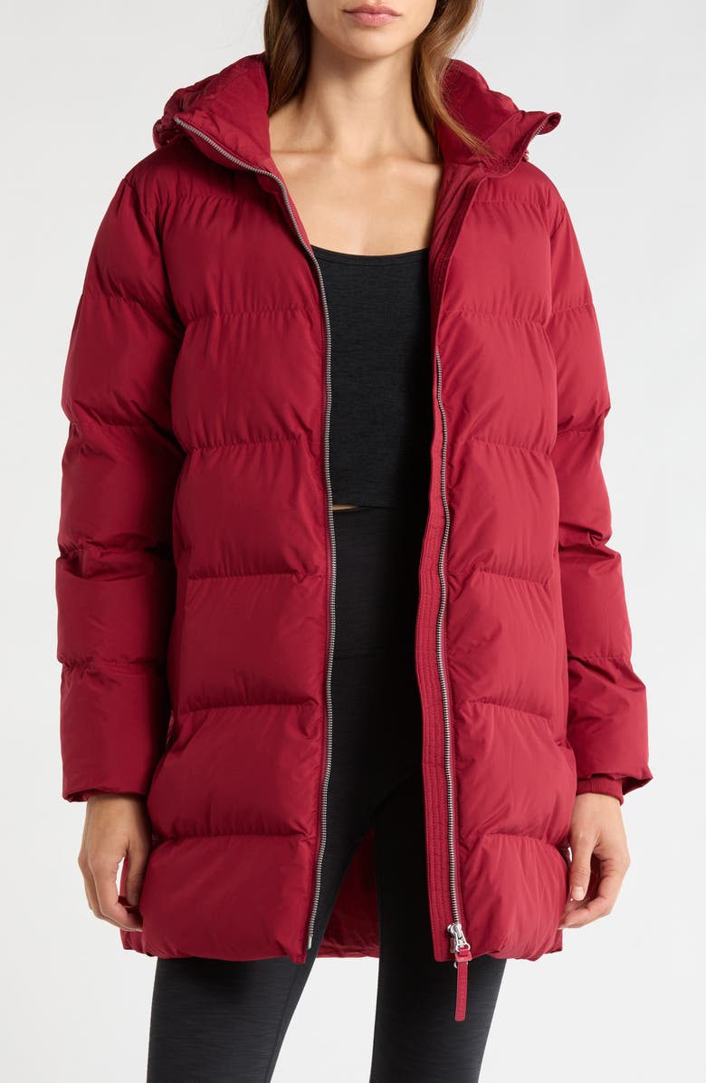 Beyond Yoga Warm Up Hooded Long Puffer Coat, Main, color, Ruby Rush