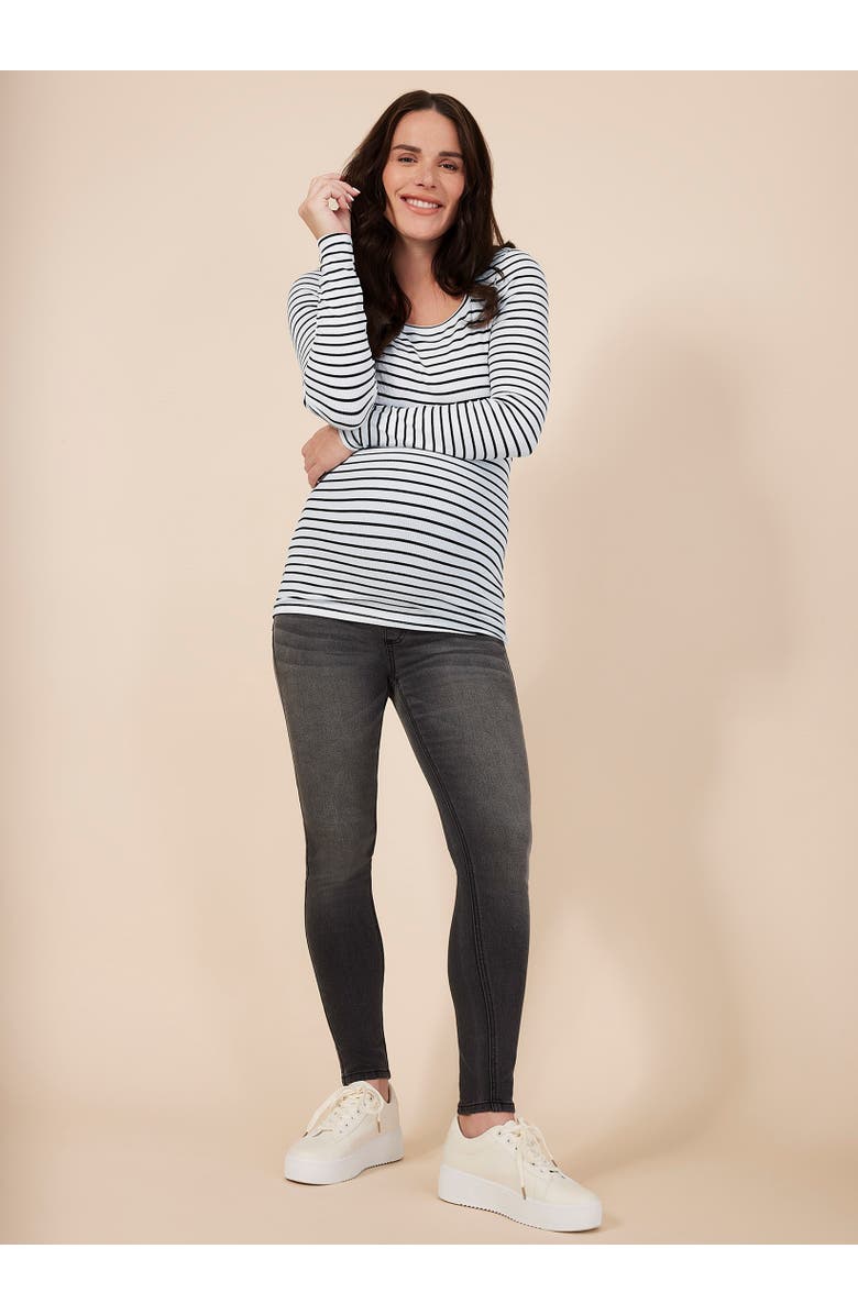 MOTHERHOOD MATERNITY Square Neck Rib Knit Long Sleeve Tee, Alternate, color, White/Black Stripe