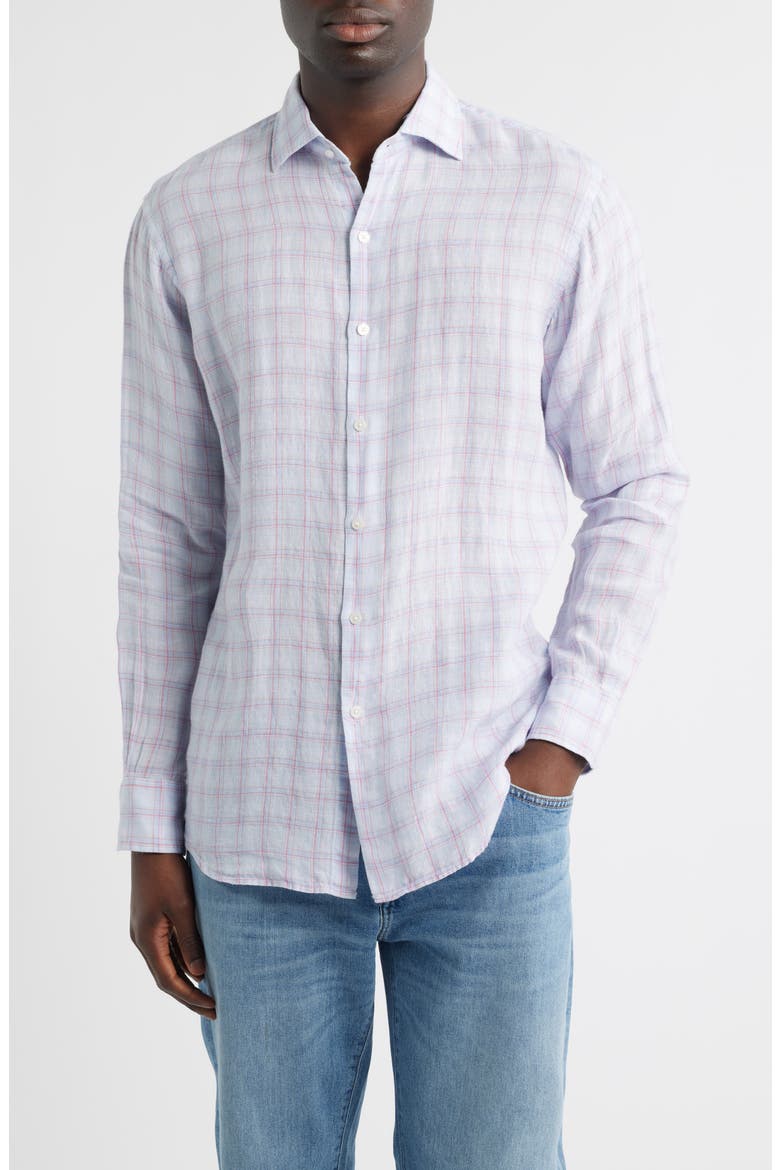 Frisbee Shadow Check Linen Button-Up Shirt, Main, color, STREAM BLUE