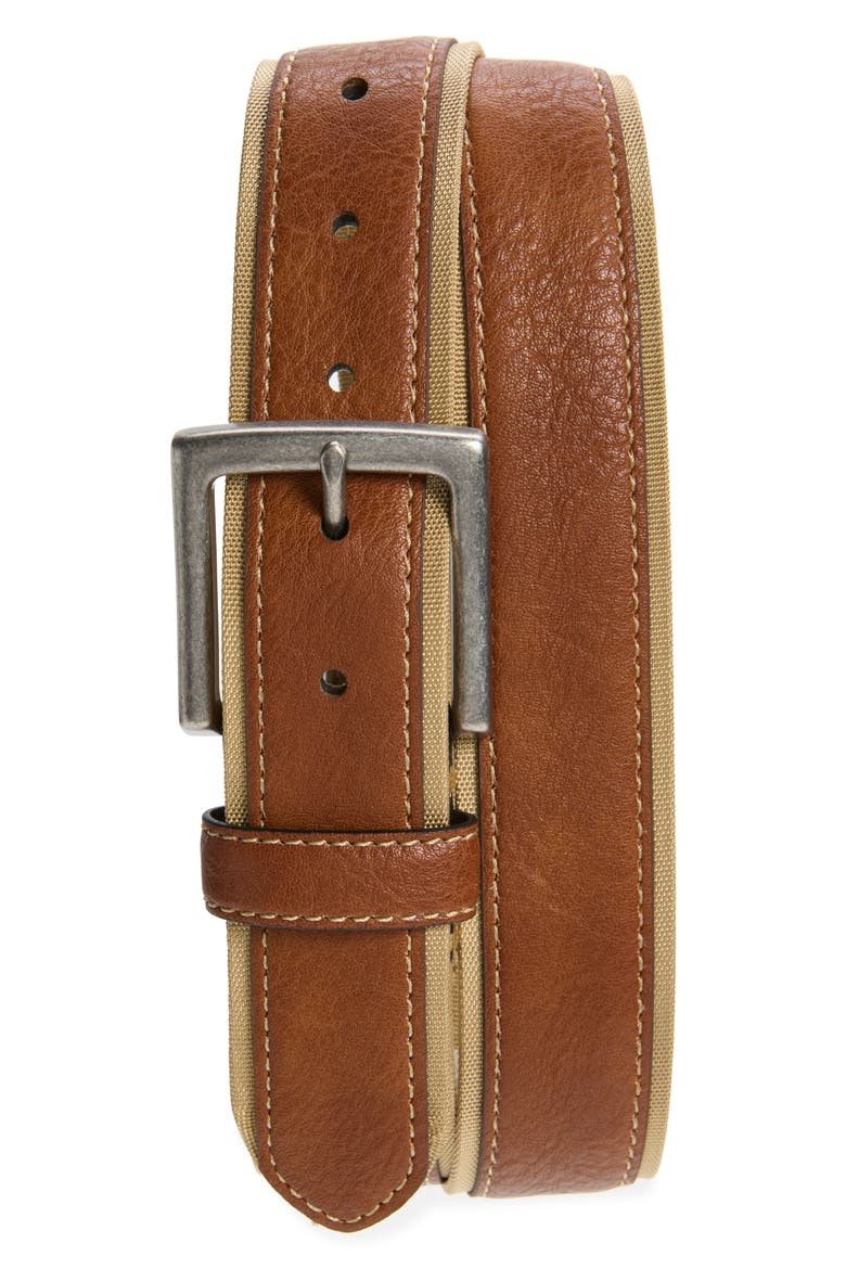 Leather & Canvas Belt, Main, color, COGNAC