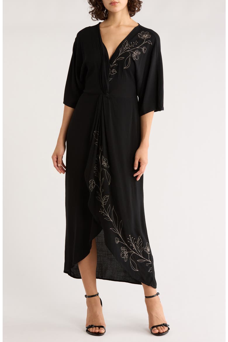Floral Embroidered Knot Front Maxi Dress, Main, color, BLACK/ NATURAL