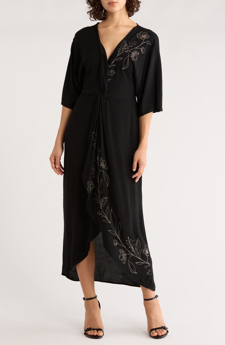Lovestitch Floral Embroidered Knot Front Maxi Dress, Main, color, Black/ Natural