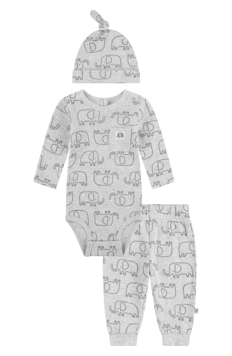 Huggies Elephant Bodysuit, Joggers & Hat Set, Main, color, Huggies Cloud Grey Heather