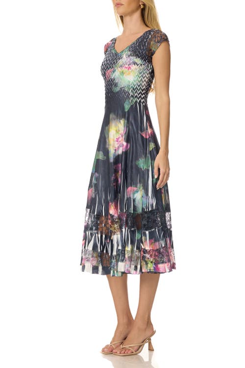 Komarov Floral Print Dress With Lace Cap Sleeve In Multi