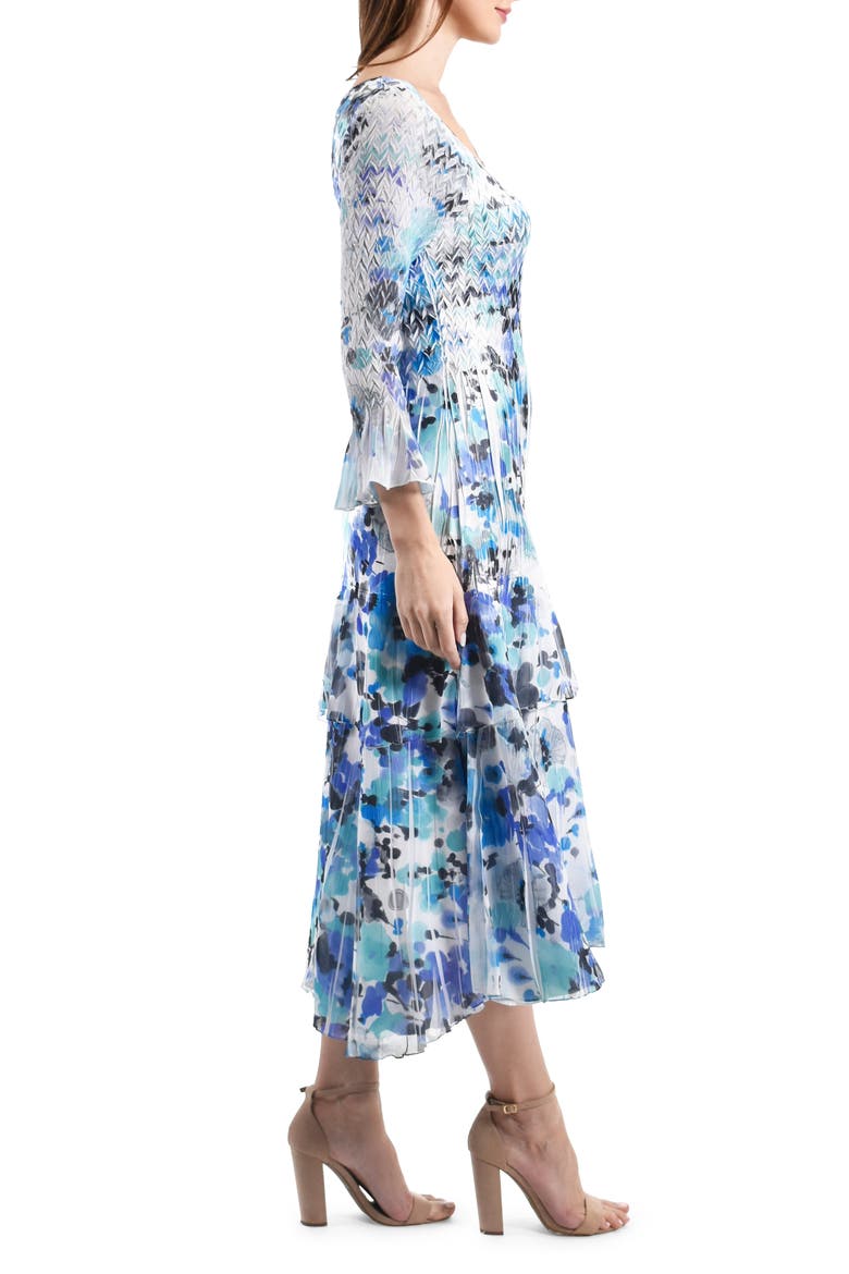 Floral Tiered Charmeuse & Chiffon Midi Dress, Alternate, color, AQUA ANGEL