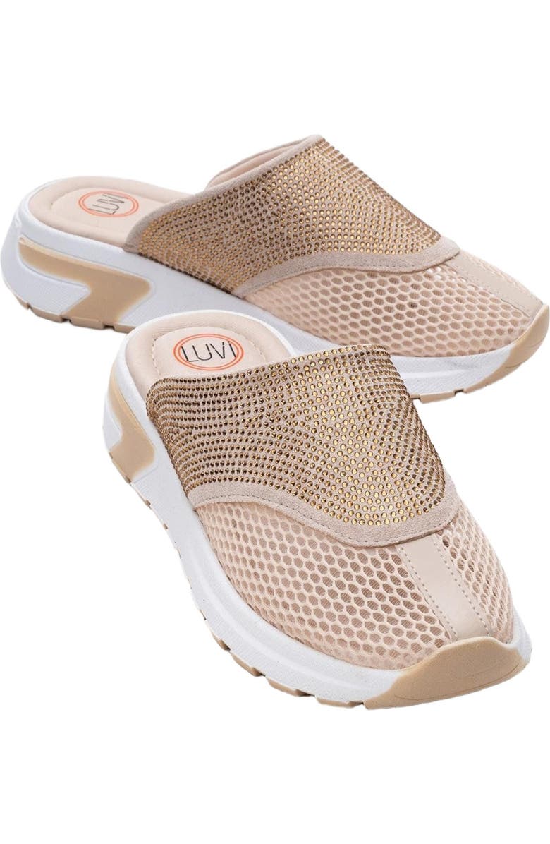 Prologue Shoes GLEA Mesh Rhinestone Mules, Alternate, color, Beige Faux Leather