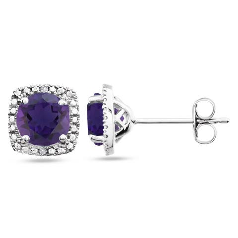 Natural Gemstone & Diamond Stud Earrings Sterling Silver