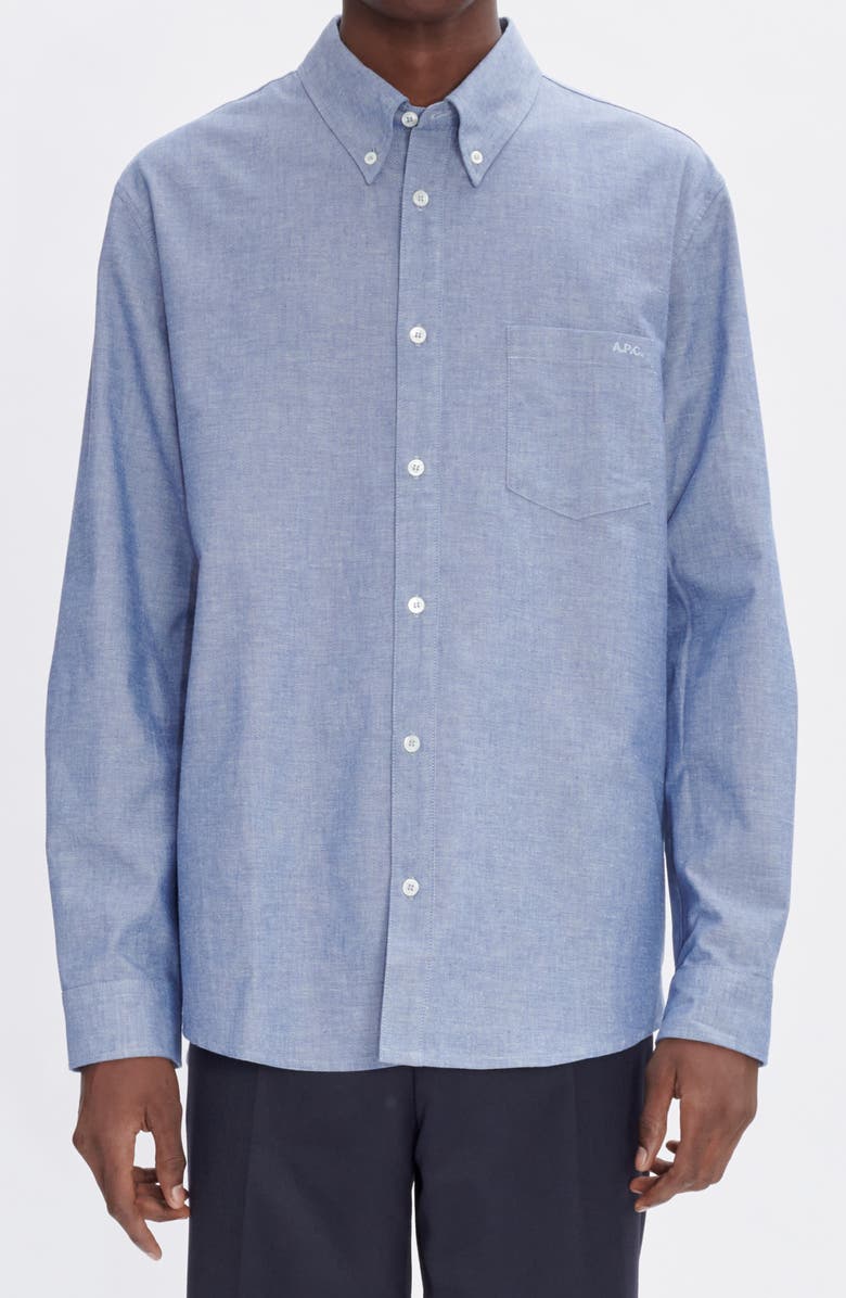 A.P.C. Edouard Brodee Organic Cotton Button-Down Chambray Shirt, Alternate, color, Indigo