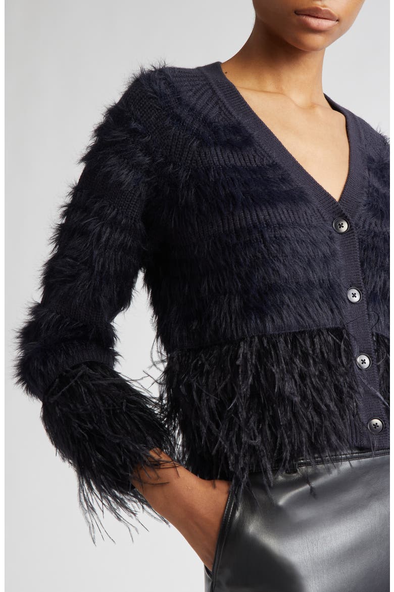 Vida Faux Feather Trim Wool Blend Cardigan, Alternate, color, NAVY