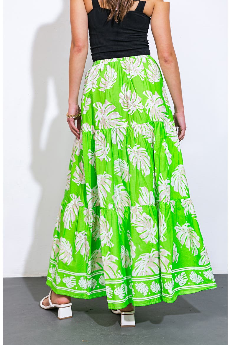 Palm Print Tiered Cotton Maxi Skirt, Alternate, color, GREEN IVORY