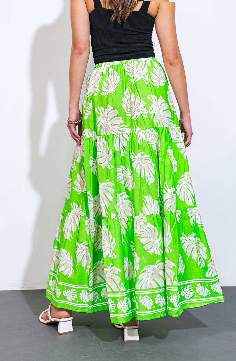 FLYING TOMATO Palm Print Tiered Cotton Maxi Skirt, Alternate, color, Green Ivory