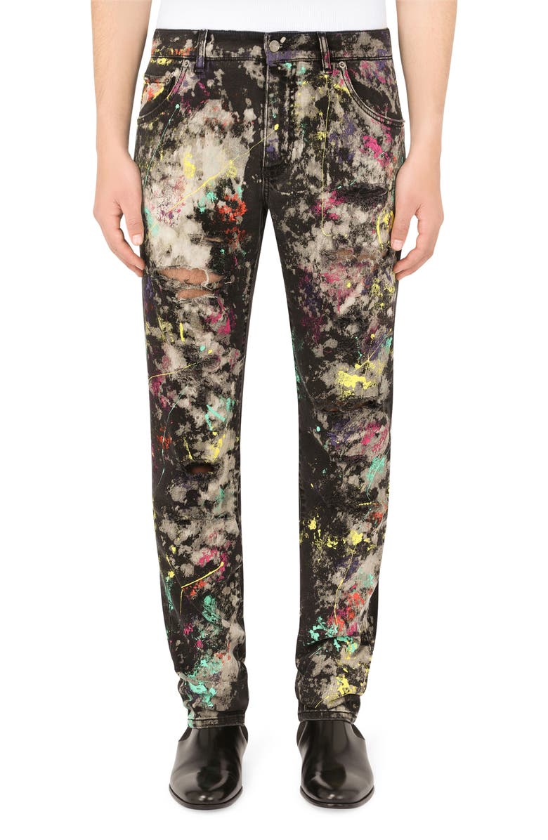 Dolce&Gabbana Marble Print Ripped Skinny Jeans, Main, color,