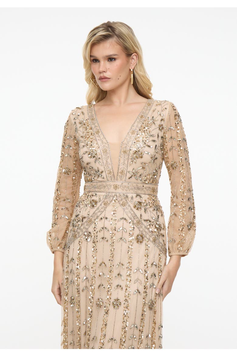 Embellished Sequin Beaded Maxi Dress With Designer Sleeves, Alternate, color, TAUPE BLUSH
