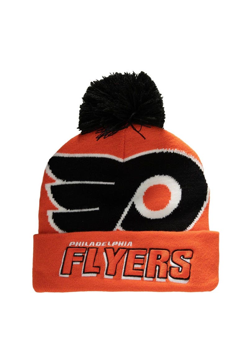 Men's Mitchell & Ness Orange Philadelphia Flyers Punch Out Cuffed Knit Hat with Pom, Main, color, Orange