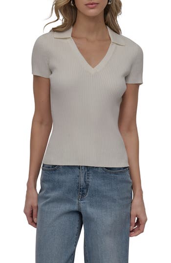 Dkny Short Sleeve Rib Polo Sweater In Ivory