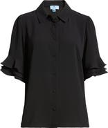 CeCe Ruffle Sleeve Crepe Button-Up Shirt