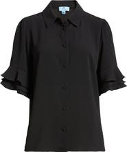 CeCe Ruffle Sleeve Crepe Button-Up Shirt