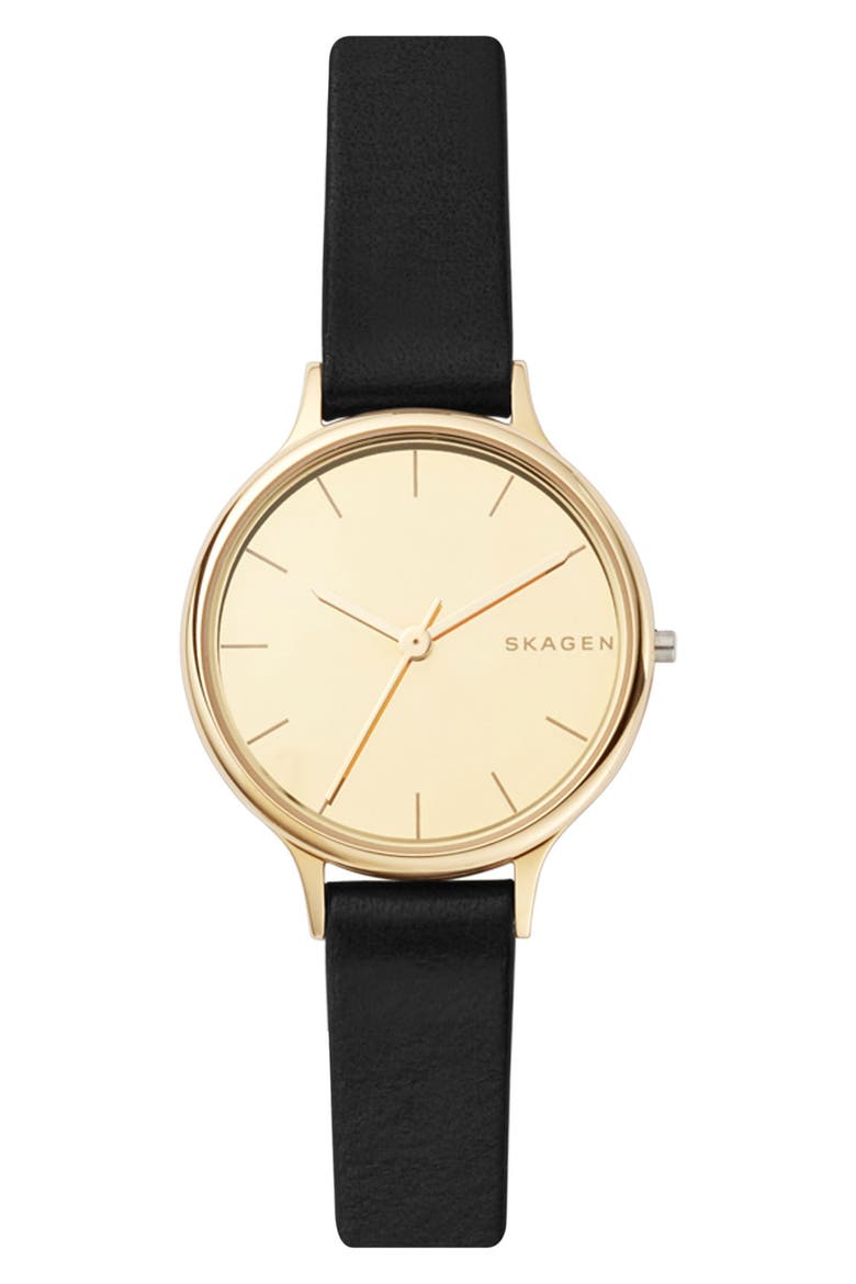 Anita Leather Strap Watch, 30mm, Main, color, BLACK/ GOLD