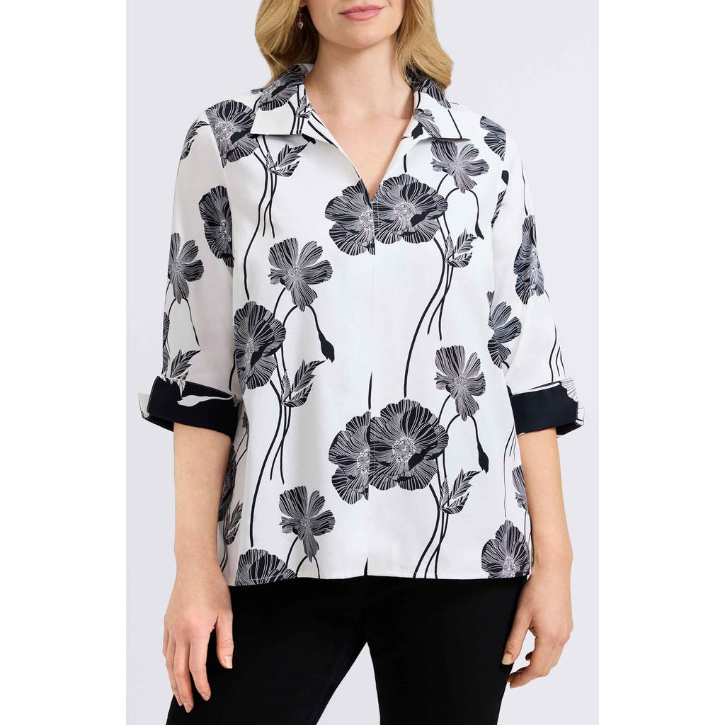 Foxcroft Agnes Poppy Print Three-quarter Sleeve Popover Top