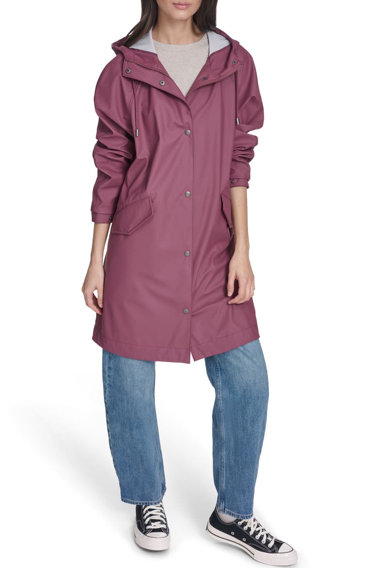 Water Resistant Hooded Long Rain Jacket, Main, color, BERRY