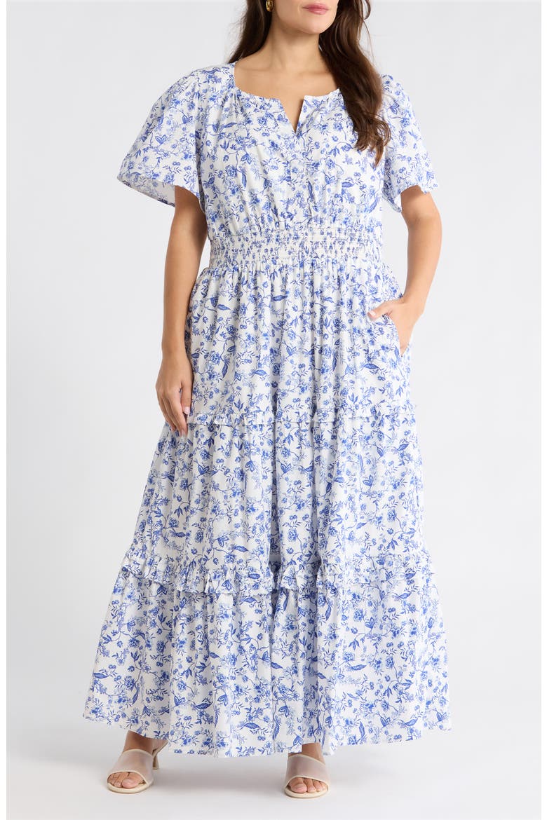 Francine Toile Fabiola Ruffle Maxi Dress, Main, color, WHT-BLUES-MULT