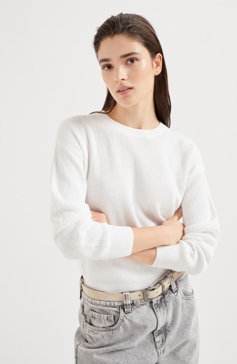 Brunello Cucinelli Cotton English rib sweater with monili, Alternate, color, 