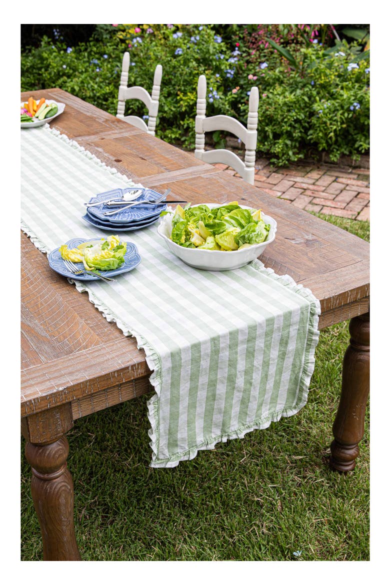 Gingham Ruffle Cotton & Linen Table Runner, Alternate, color, SEAGRASS