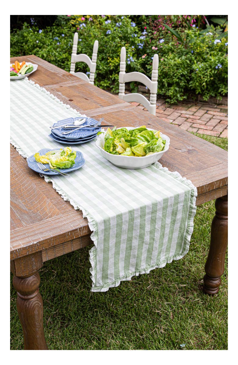 Juliska Gingham Ruffle Cotton & Linen Table Runner, Alternate, color, Seagrass