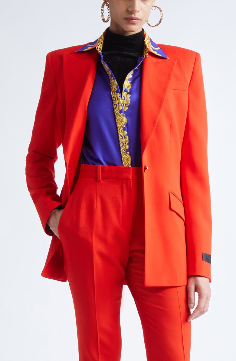 Versace Stretch Wool Gabardine Single Breasted Blazer, Main, color, Scarlet