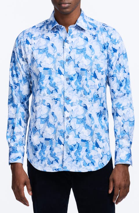 Baskerville Koi Print Stretch Cotton Button-Up Shirt