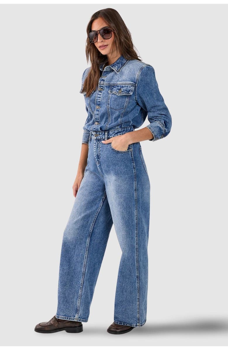 NASTY GAL Denim Shoulder Pad Boilersuit, Alternate, color, Stonewash