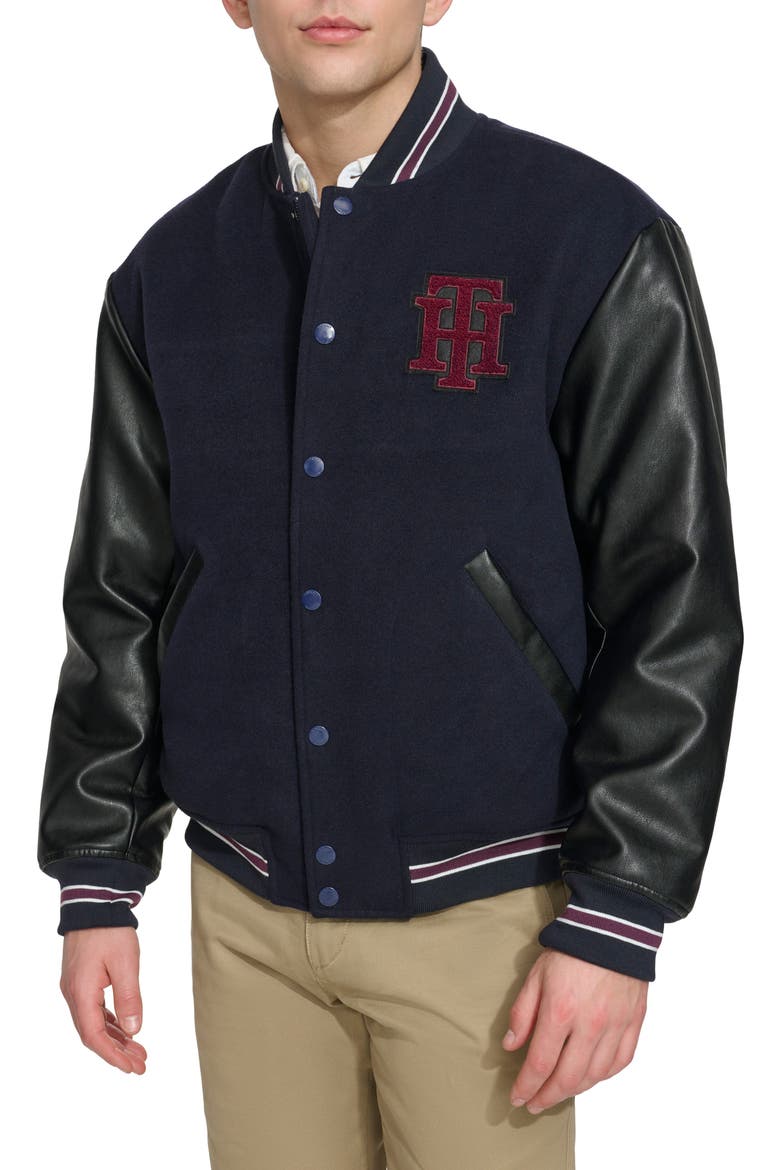 Faux Wool Mix Bomber Jacket, Main, color, NAVY