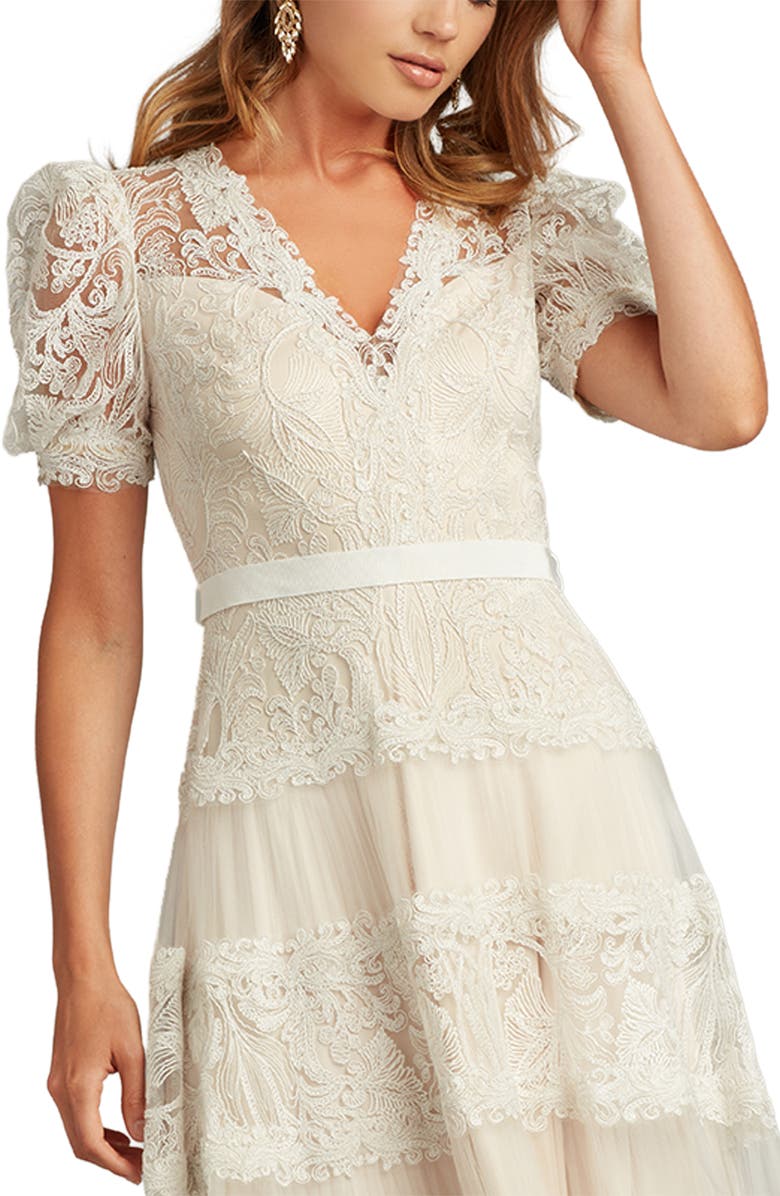 Tadashi Shoji Embroidered Lace Tiered Midi Dress, Alternate, color, White/ Petal