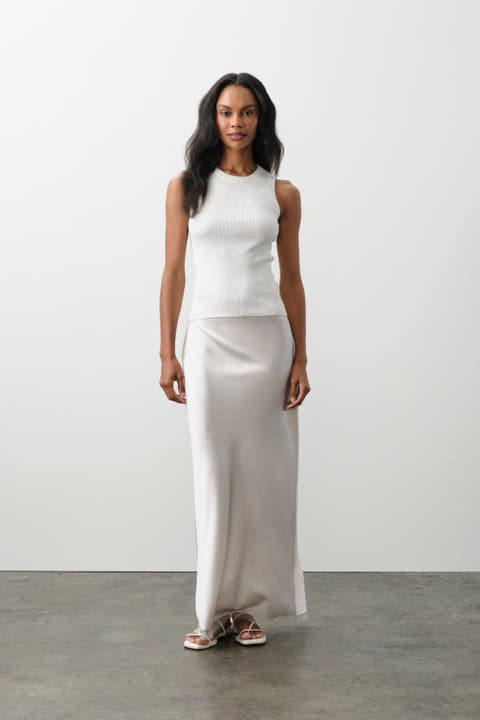 Silk Slip Skirt w/ Tulle Trim