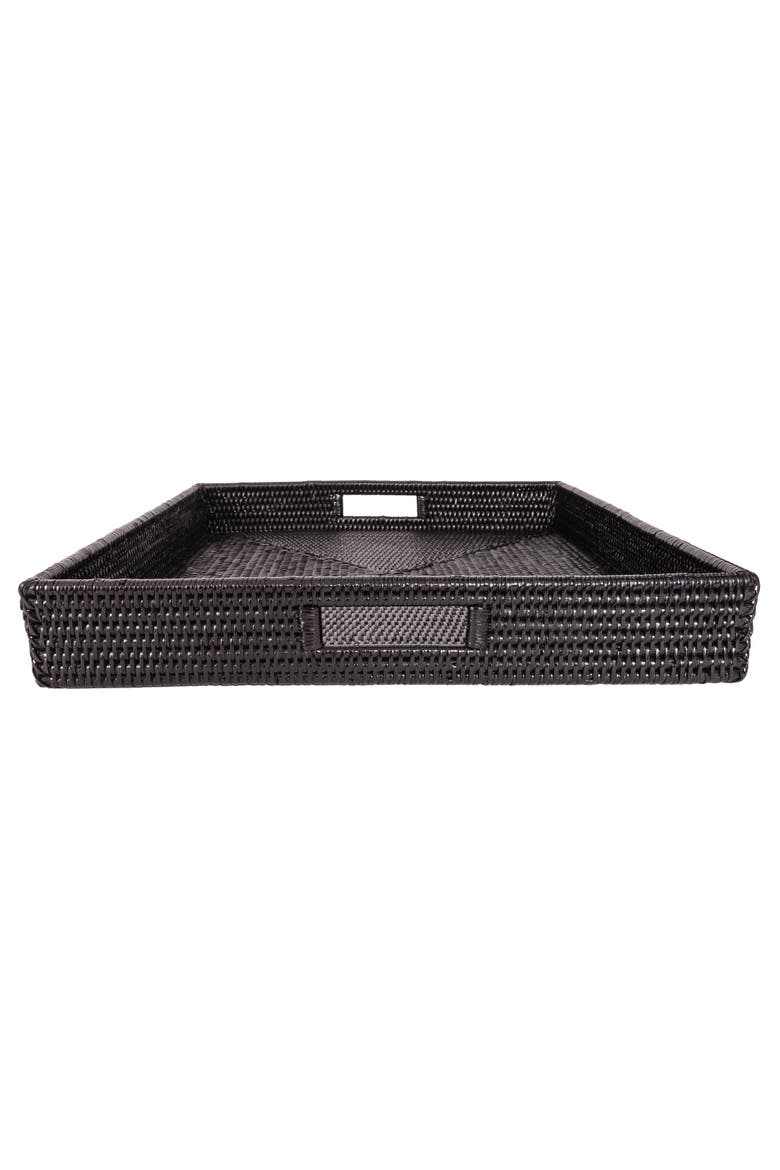 Square Rattan Ottoman Tray with Cutout Handles, Alternate, color, Tudor Black