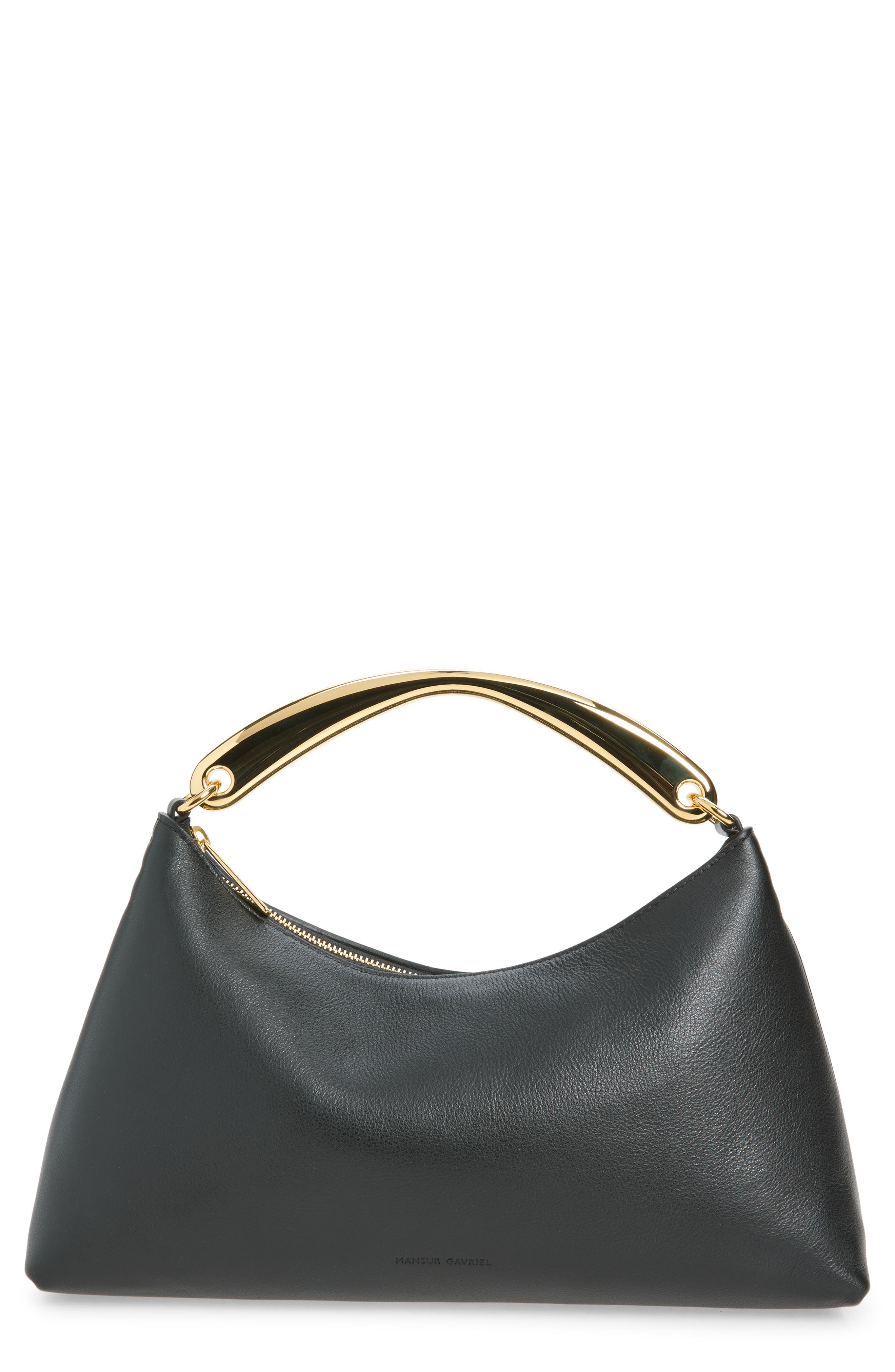 Rhea Metal Handle Leather Handbag, Main, color, BLACK