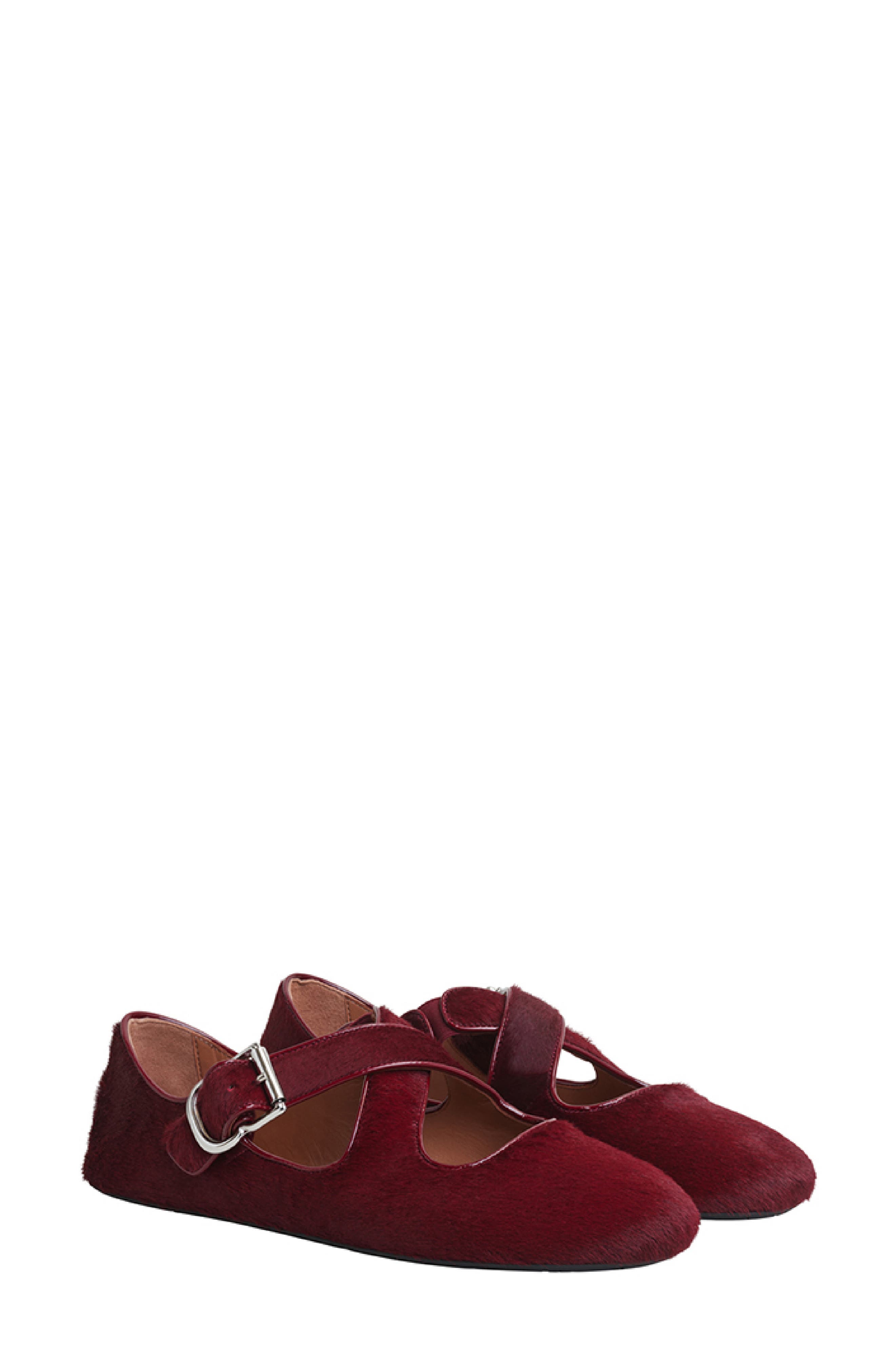 Crisscross Genuine Calf Hair Ballerina Flat, Main, color, 320 CERISE