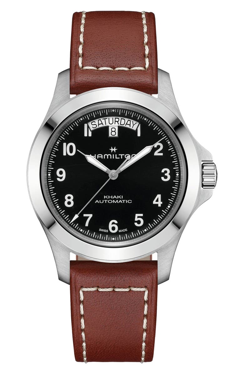Hamilton Khaki Field Automatic Leather Strap Watch, Main, color, Black