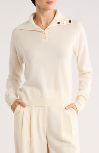 Bruno Magli Half Button Placket Wool & Cashmere Blend Sweater In White