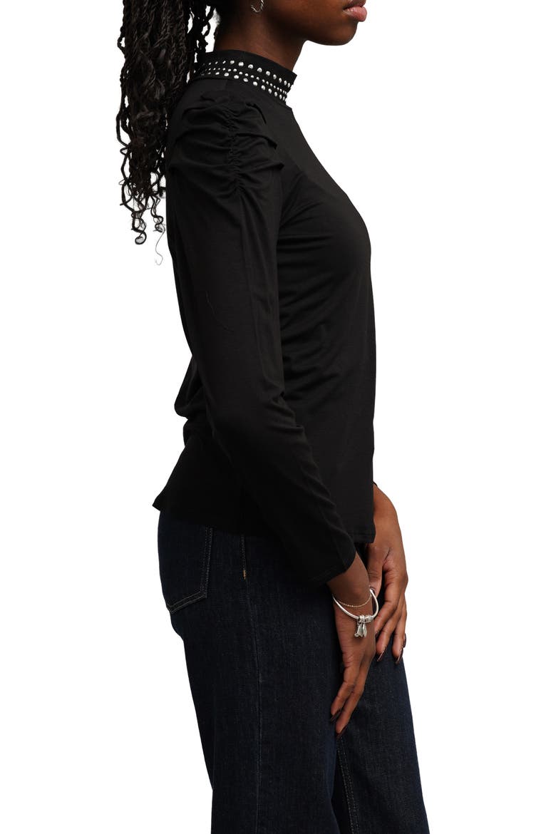 Studded Mock Neck Puff Sleeve Top, Alternate, color, BLACK