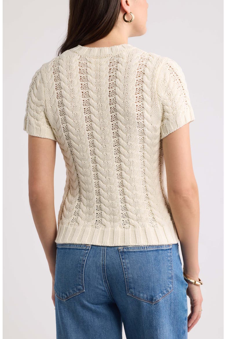 Cable Stitch Short Sleeve Cotton Sweater, Alternate, color, IVORY PRISTINE