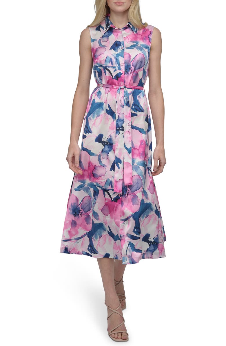 DKNY Floral Sleeveless Shirtdress, Main, color, Navy/ Pink