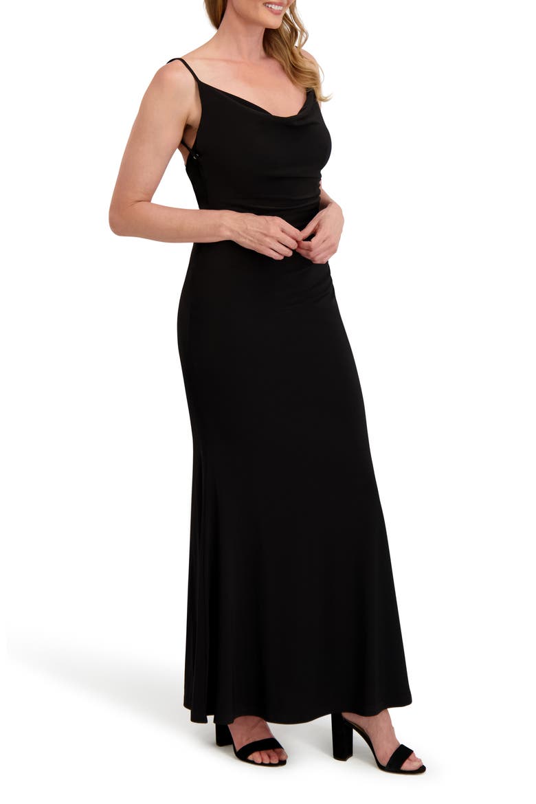 Cowl Neck Lace Back Mermaid Gown, Alternate, color, BLACK