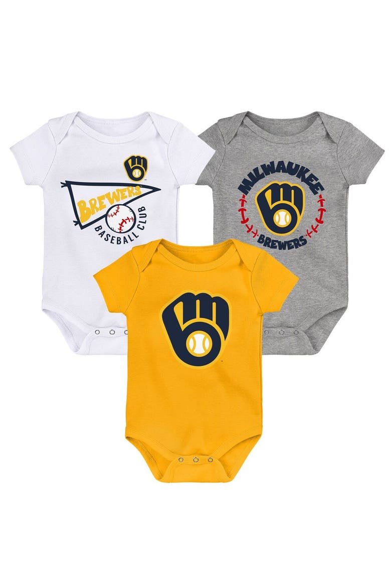 Newborn & Infant Gold/White/Heather Gray Milwaukee Brewers Biggest Little Fan 3-Pack Bodysuit Set, Main, color, Gold