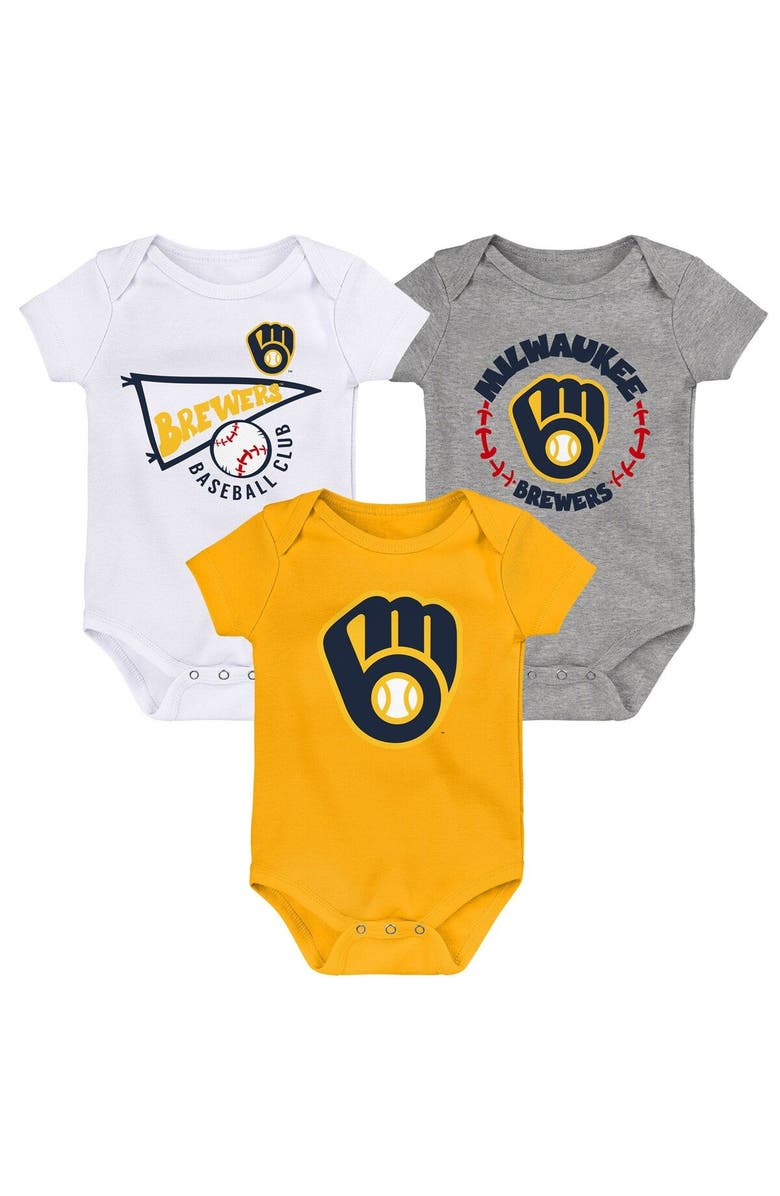Outerstuff Newborn & Infant Gold/White/Heather Gray Milwaukee Brewers Biggest Little Fan 3-Pack Bodysuit Set, Main, color, Gold