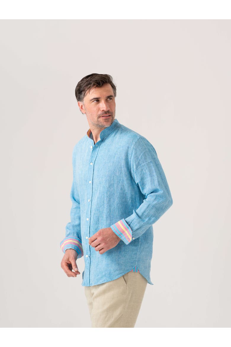 Linen Band Collar Shirt, Alternate, color, Turquoise