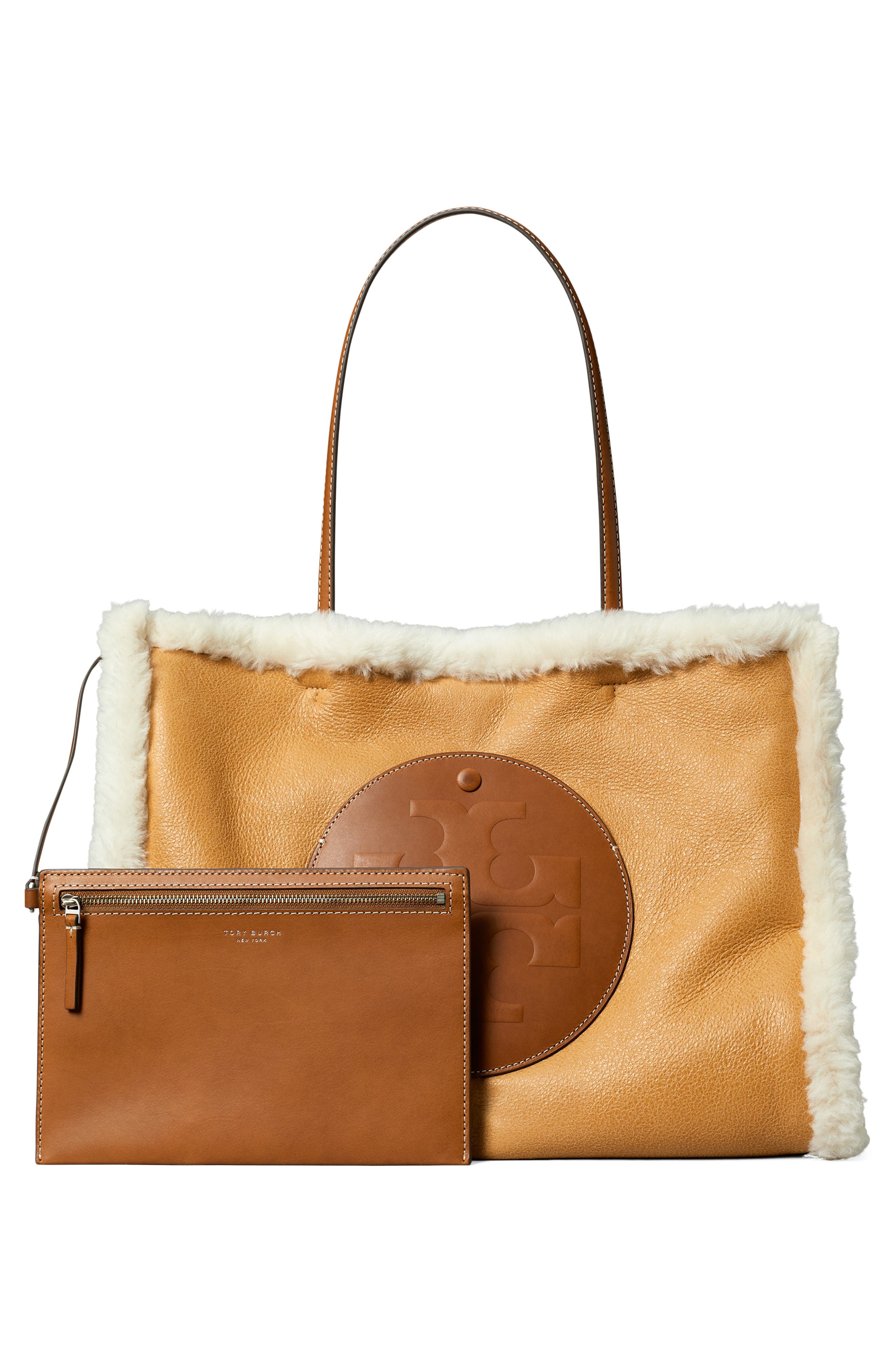 Tory Burch Ella Genuine Shearling Tote, Alternate, color, Light Natural / Brown